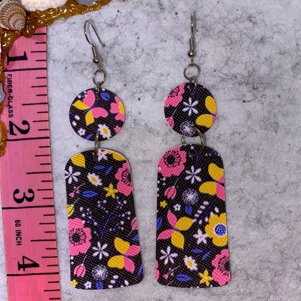 Black And Pink Multicolor Butterfly and Floral Print Leather Earrings
